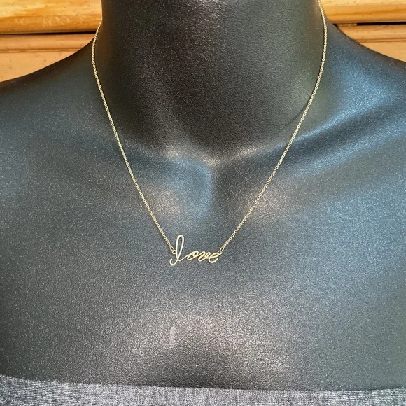 Solid Stamped14K Yellow Gold Word LOVE Cursive Script Text Necklace